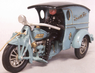 The in-line four-cylinder "Say it with Flowers†cast iron Hubley motorcycle with a clockwork mechanism sold for $59,800.