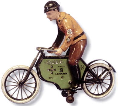 A Lehmann tin litho Quex motorcycle and rider with clockwork mechanism, the rarest in the series of Lehmann cycles, realized $27,600.