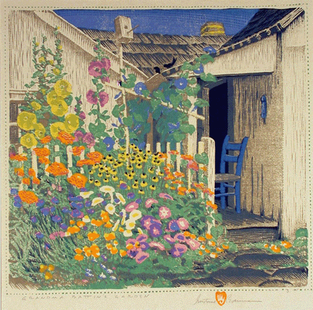 In "Grandma Battin's Garden,†a 1927 woodcut, Baumann's burst of colorful blooms dominates the entryway to a house. It is one of his most beautiful images.