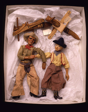 Baumann carved 65 marionettes, including "Pecos Bill,†"Nambe Nell†and "Lord Leffinghoop,†in the early 1930s. They were initially made to amuse his young daughter, but eventually went on the road for performances throughout New Mexico. Their popularity rivaled that of his much-admired color woodcuts.