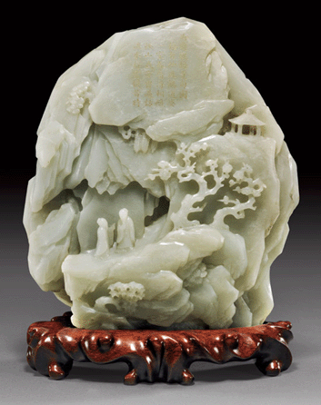 A superb Eighteenth Century imperial jade mountain, formerly in the Summer Palace collection, with sages in discussion and a poem inscribed above commanded $195,200.