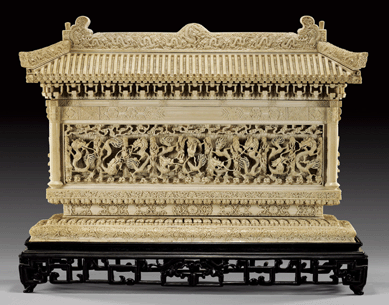 This finely carved ivory "Dragon Wall†was hotly contested, driving the price up from a catalog high estimate of $6,000 to $45,750.