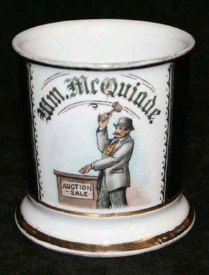 An occupational mug depicting an auctioneer and marked Germany on the bottom was chased by four phone bidders (all auctioneers) and sold for $4,945 to a past president of the National Auctioneers Association. 