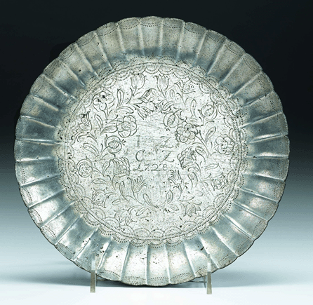 The top lot of the auction was a rare pewter sweetmeat dish, attributed to Francis Bassett I of New York City, that attained $85,000, nearly double the estimate.
