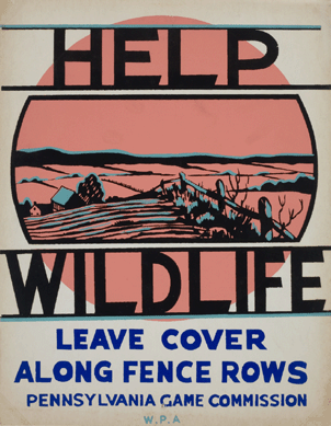 Unknown artist, "Help Wildlife: Leave Cover Along Fence Rows,†lithograph or woodblock or silkscreen on paper, 23 by 19 inches. Pennsylvania Game Commission WPA. Collection of Laurence Miller.