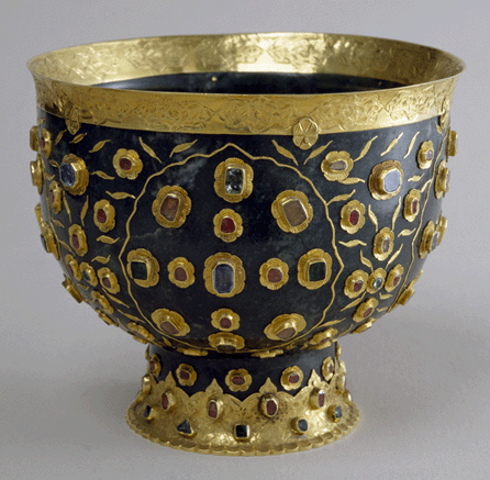 Bowl, Turkey, first third Seventeenth Century, nephrite, gold, emeralds, rubies and sapphires; carving and encrustation; 4 13/16  inches high. Courtesy The Moscow Kremlin Museums.