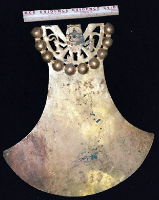 The looting of the Royal Tomb of the Lord of Sipan took Wittman and Goldman to Peru. The 2,000-year-old golden pre-Columbian piece of body armor known as a back-flap, valued in excess of $1 million, was recovered after a sting operation was staged at a rest area on the New Jersey Turnpike.