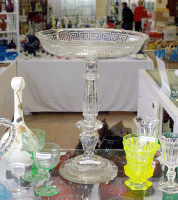 Carlese Westock has been at the show since the beginning. Here the West Paterson, N.J., dealer was showing a three-piece Roman key and star tazza, circa 1880s, center.