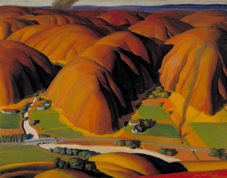 California artist Ross Dickinson dramatized, by use of vivid colors, his state's endless confrontation between nature and man in his compelling "Valley Farms.†The contrast between the green of the verdant, irrigated farms and the reddish-brown of the arid, sharply sloping hills is pronounced. In the Great Depression, farmers from the drought-plagued Dust Bowl poured into these areas looking for more agricultural jobs than were available. Smithsonian American Art Museum. Transfer from the US Department of Labor.