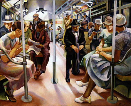 In "Subway†Lily Furedi has assumed the viewpoint of a seated passenger looking down the car at her fellow riders. Characteristically, most people are keeping to themselves, although a man furtively peeks at a woman applying lipstick and a woman glances at the newspaper being read nearby. The artist seems interested in the sleeping, tuxedo-clad musician holding his violin case, presumably because her father was a professional cellist. Smithsonian American Art Museum. Transfer from the US Department of the Interior, National Park Service.