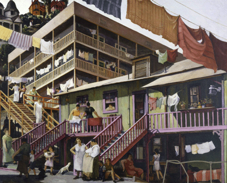 Amid the mass unemployment and poverty of the Great Depression, California painter Millard Sheets found good cheer among the urban poor he depicted in a downtown Los Angeles neighborhood in "Tenement Flats.†Bright spots of color on staircases and terraces, colorful sheets hanging from lines and the lively camaraderie among the women and children contrast with the lonely figure far up the hill trudging toward rundown Victorian mansions that had become boardinghouses. Smithsonian American Art Museum. Transfer from the US Department of the Interior, National Park Service.