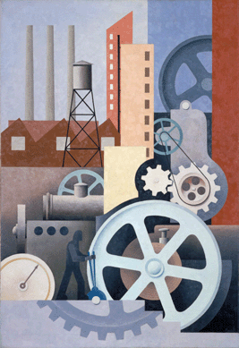 An Abstractionist who altered his style to meet PWAP representational standards, Paul Kelpe offered his vision of American technological progress and industrial might in "Machinery (Abstract #2).†It is one of a number of paintings the artist said he made "with geometric machinery.†Smithsonian American Art Museum. Transfer from the US Department of Labor.