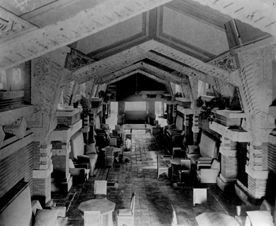 This view of the promenade in the Imperial Hotel shows how Wright drew heavily on the indigenous aesthetic to create a grand hall. The hotel is one of several Wright projects that exists now only in photos. ©The Frank Lloyd Wright Foundation, Scottsdale, Ariz.