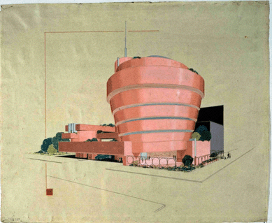 One of the many drawings for the Solomon R. Guggenheim Museum, this was created between 1943 and 1959, ink and pencil on tracing paper. ©The Frank Lloyd Wright Foundation, Scottsdale, Ariz.