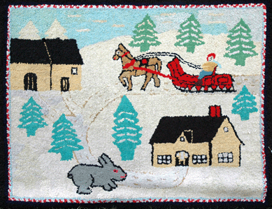 Folky hooked rug complete with sleighing scene and mega-bunny seen at Denise Scott Antiques, East Greenwich, R.I. ⁂rimfield Acres North