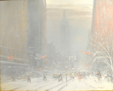 The Johann Berthelsen, one of several to cross the block, an iconic wintry Manhattan scene titled "Blustery Day on Fifth Avenue,†exceeded estimates and established a record price paid at auction of $33,600.