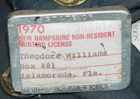 The license, issued to Theodore Williams in 1970 by the state of New Hampshire, was included with a hat to which it was attached and various notes Williams had made concerning fishing spots and friends' phone numbers. Whoever took the license †encased in an aluminum pinback carrier †and the notes left the hat behind.