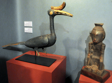 A rare black Gawai hornbill carved wood ceremonial object, Iban Dyak, Malaysia, was one of the featured items in the stand of Thomas Murray Asiatic-Ethnographic, Mill Valley, Calif.