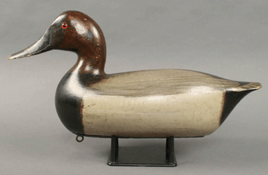 A world auction record was established for a Charles Perdew (Henry, Ill.) canvasback when this decoy fetched $63,250.