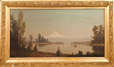 The highlight of the paintings offered was Cleveland Salter Rockwell's "At the Mouth of the Willamette River,†1882, oil on canvas, with Mount Hood in the distance; it brought $17,250.