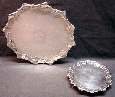 An English sterling salver on three pad feet, Ebenezer Coker, 1766, fetched $1,380 from an in-house bidder.