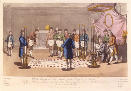 The 1812 engraving "A Meeting of Free Masons for the Admission of Masters†by Thomas Palser of London reveals the interior of a lodge meeting room, furnishings, clothing and jewels.