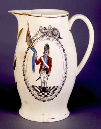 The 1790 Liverpool pitcher decorated with an image of an Independent Boston Fusilier was one of 100 given to each member of that company by Charlestown Mason Samuel Jenks, and it is decorated with Masonic elements.