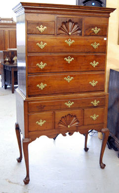 The Massachusetts Queen Anne mahogany highboy might have been made in Salem. Deaccessioned from the Carnegie Museum of Art, it went to a phone buyer for $25,740, double the high estimate. 