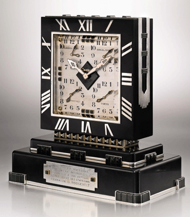 This silver, onyx and nephrite eight-day, five-time-zone desk clock by Cartier, circa 1943 ($600,000․1 million), was given as a personal gift by Pierre Cartier to President Franklin Delano Roosevelt in 1943. The FDR Victory Clock is not only an important presidential object, but also a time-keeping masterpiece, made of onyx with nephrite and silver accents and containing a main dial for mean-time in New York/Washington, D.C., and four subsidiary dials, which are labeled to keep time in London/Paris, Berlin/Rome, San Francisco and Tokyo, all important strategic locations for the Allied forces in World War II. Cartier Archives, New York ©Cartier.