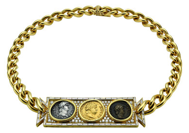 A necklace in gold with Roman Imperial coins with diamonds. Bulgari Vintage Collection.
