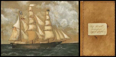 From a descendant of the ship's captain, an American School watercolor of the bark Aurelie with Captain Samuel Osborn's log of an 1885 New York to Cape Town voyage sold at $2,990.