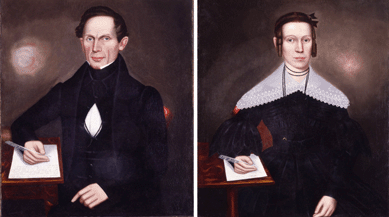 A pair of Erastus Salisbury Field portraits of Reverend Dyer Ball, MD, and Lucy H. Mills Ball, each measuring 34 3/8 by 30¼ inches, 1838, oil on canvas. Morgan Wesson Memorial Collection.