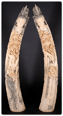 One pair of the carved Nineteenth Century Chinese elephant ivory tusks that achieved prices ranging from $7,000 to nearly $30,000.