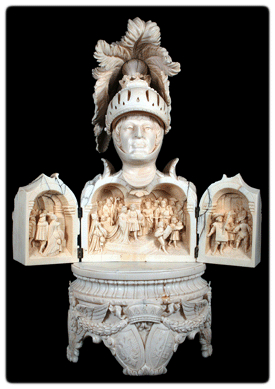 A Nineteenth Century intricately carved Continental ivory knight figure triptych marched to $29,500.