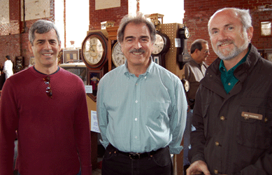 Ron Provost of Fort Lauderdale, left, said he came to Boston for the opening of the SoWa Antiques Market. He is pictured with show manager and Art Deco dealer Tony Fusco of Boston, center, and Bob Frishman of Bell-Time Clocks of Andover, Mass., who was an exhibitor at the market.