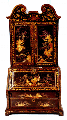 Another rare chinoiserie decorated item, an Eighteenth Century miniature two-part Georgian secretary with scroll top and fully fitted interior details, was claimed via phone bid by a Southern collector/designer for $17,550.