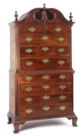 The mahogany chest-on-chest, circa 1785‱790, by brothers Ebenezer Allen Jr and Cornelius Allen of New Bedford owes much to Newport traditions and was thought to be a Newport piece. The Allen brothers were the nephews of John Goddard of Newport.