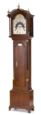 The Nantucket astronomical tall clock, circa 1790, in a figured mahogany case attributed to Cornelius Allen with works by Walter Folger Jr. Folger used an eight-day time and strike movement and added an astronomical mechanism powered by the same weight. The clock is regarded as one of the greatest achievements of the period.