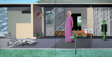 David Hockney, "Beverly Hills Housewife,†1967, acrylic on canvas, diptych, 72 by 144 inches, topped the evening sale at $7,922,500, and set a new world auction record for the artist. 