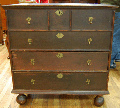 The New England William and Mary blanket chest sold in the gallery for $6,496.