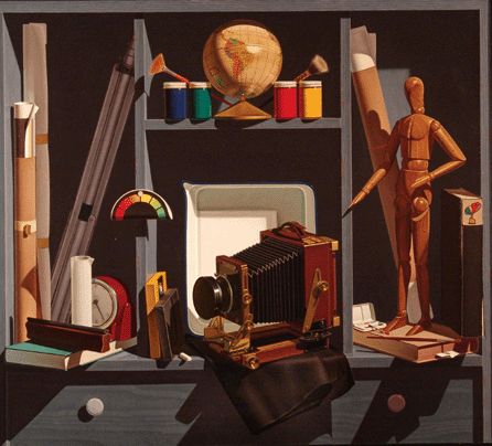 In "Double Image,†1984, Erbe employs both pictorial transcription and compositional skills; oil on canvas, 34 by 38 inches. Collection of Salmagundi Club, New York City.