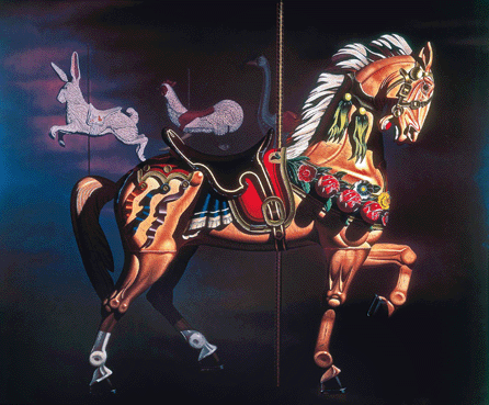 In this early (1983) painting, "Fantasy in Pursuit,†the artist captured the movement of the carousel with just a few images. Only the lead steed is decked out in color; oil on canvas, 64 by 75 inches. Courtesy of Centerline, N.C.