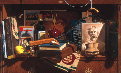 Commissioned by David Rago, "Art, Craft and Leisure,†1993, oil on canvas, 22 by 26 inches, features levitated items personal to the collector. Collection of Mr and Mrs David Rago.