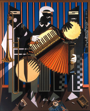 Using both silhouettes and gloves, Erbe evokes the human form. The painting works not only as homage to jazz, but also as a tribute to a musician he knew; 1981‸2, oil on canvas, 64 by 54 inches. Collection of Richard Manoogian.