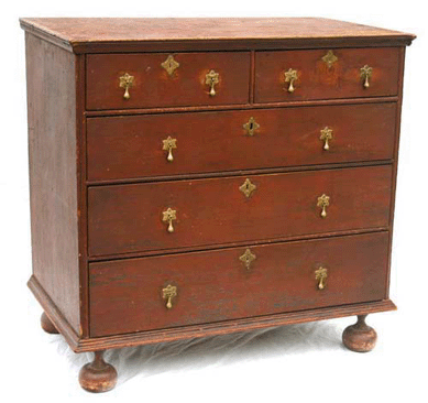 The William and Mary chest in a red wash hammered down at $7,762.