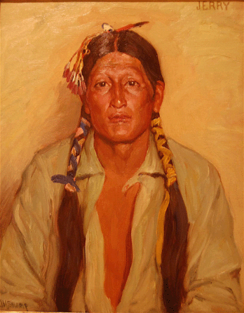 Haughty, unpredictable and handsome, Jerry Mirabel of the Taos Pueblo modeled for both Couse and Sharp. Sharp's circa 1920 portrait captures some of those qualities. Private collection.