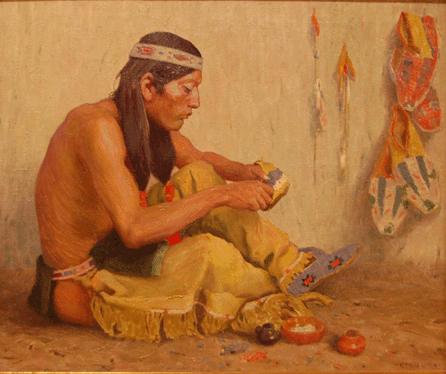 Couse had great admiration for the craft-making abilities of the Pueblo Indians, and did many paintings of them at work, such as "The Moccasin Maker,†1920. Private collection.