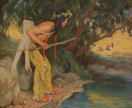 After photographing an Indian model in a similar pose and making a preliminary sketch, Couse composed this oil painting, "The Turkey Hunter,†1917‱8. Private collection.