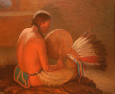 In an image reminiscent of his friend Couse's work, Sharp posed this Native American laboring over his war headdress in "Chant to the War Bonnet,†undated. It reflects Sharp's high regard for the skills of Indians. Harwood Museum collection.