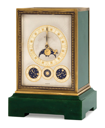 The top lot of the auction was an Art Deco eight-day quarter chiming clock, Cartier, circa 1935, that attained $158,500. The clock came from the collection of Hugh J. Grant and Lucie Mackey Grant.